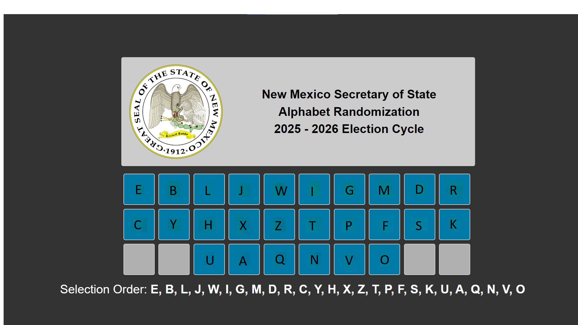 ELECTION ALPHABET Image of a keyboard symbolizing the Alphabet Randomization 2025-2026 Election Cycle